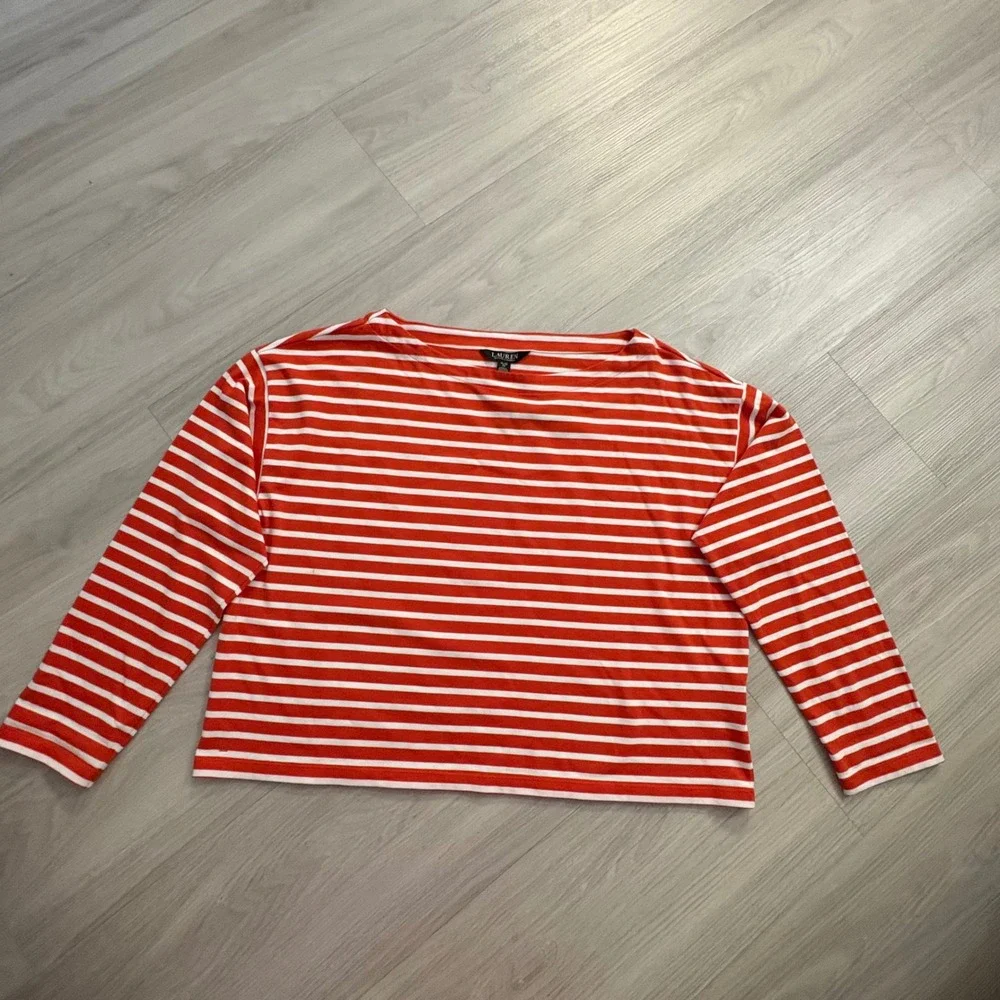 Lauren Ralph Lauren Top Women Orange White Boat Neck Nautical Long Sleeve XL NWT - Picture 2 of 16